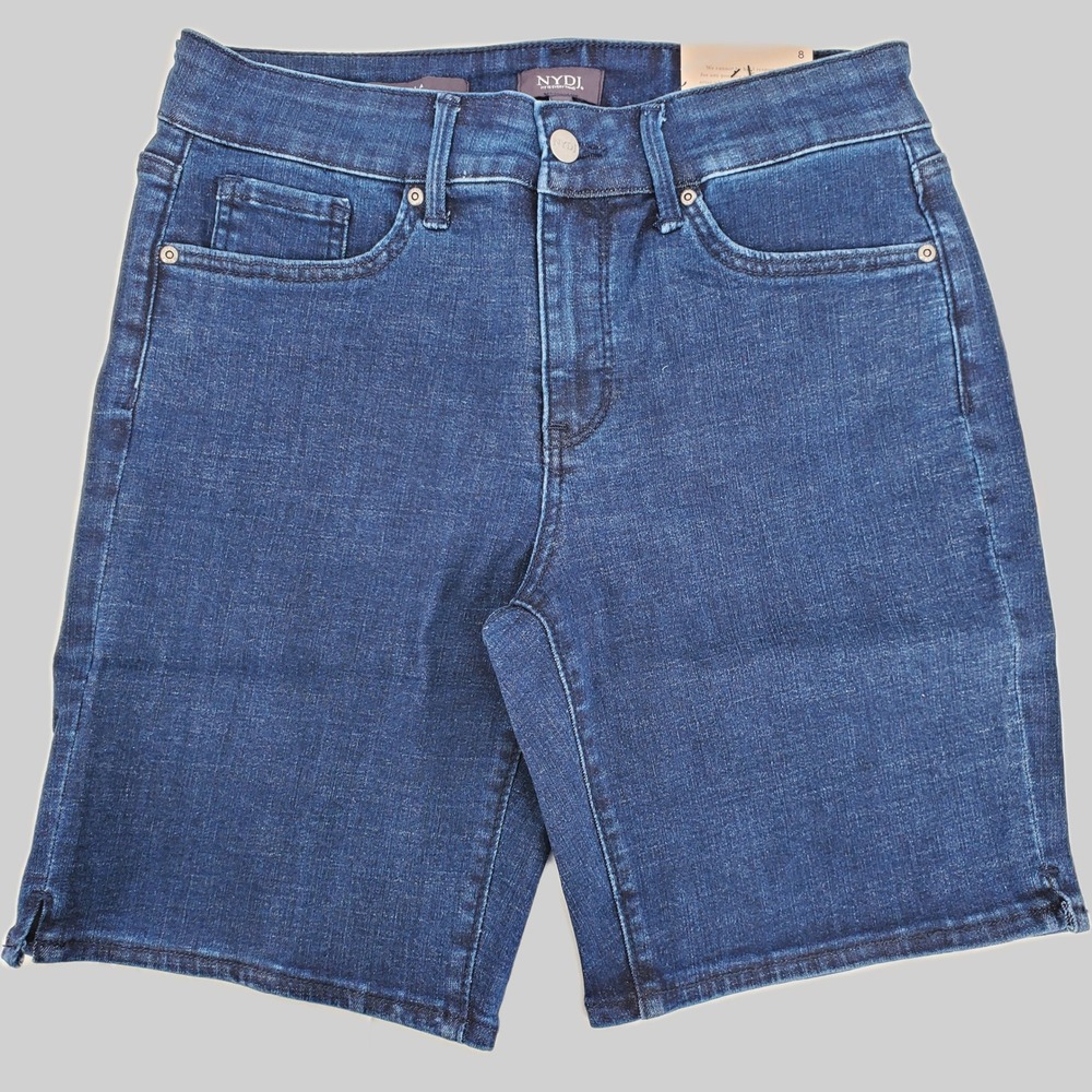NYDJ Ella Denim Shorts Size 8 Arise Blue Lift Tuck Side Slit Slimming Stretch